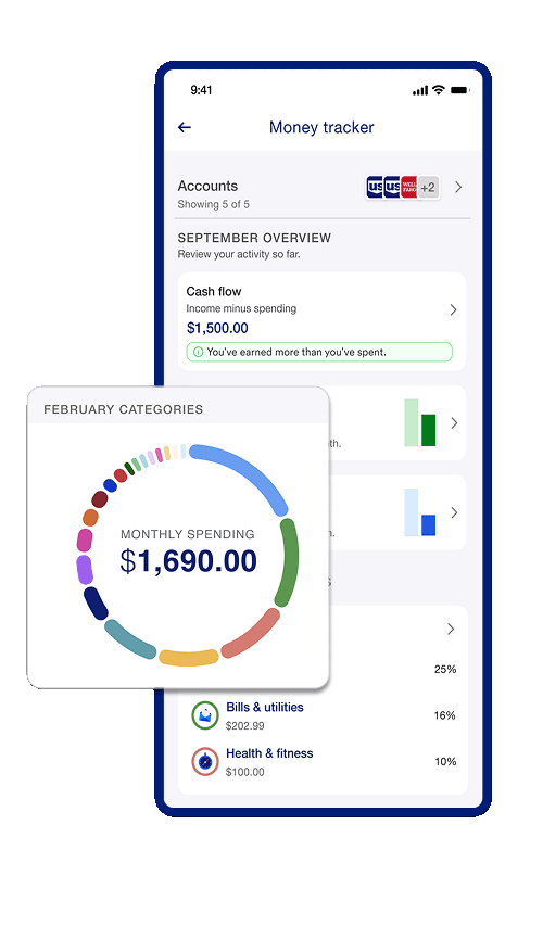 Money tracker view on a smartphone for a bank account